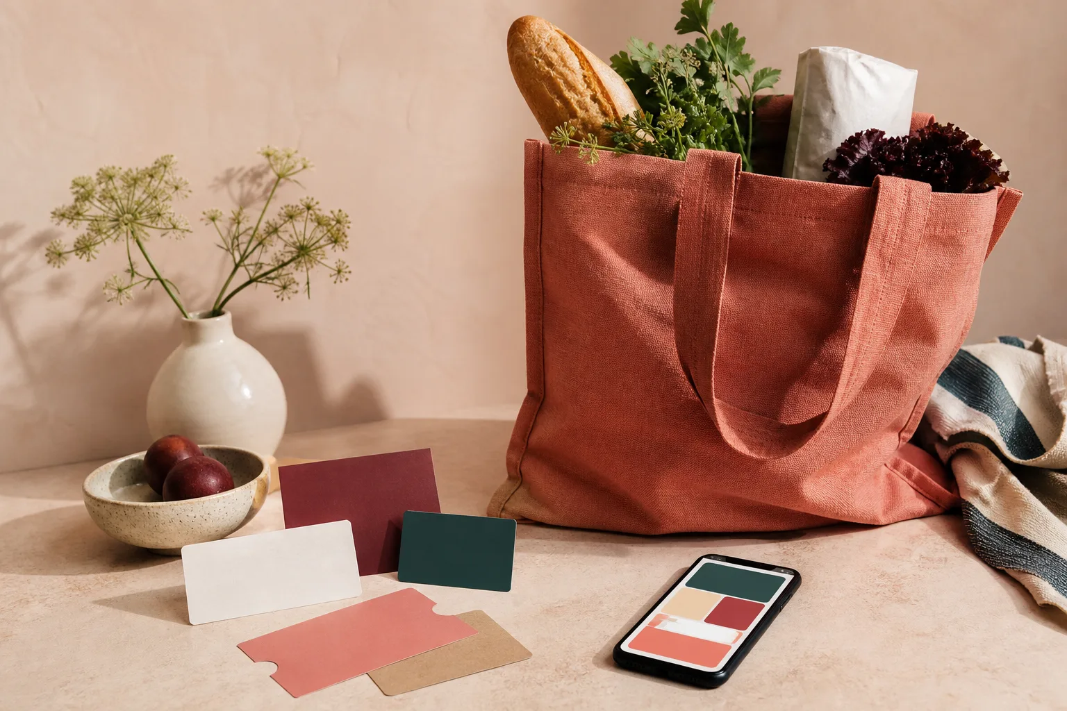 An unbranded shopping bag, voucher cards and an offers screen