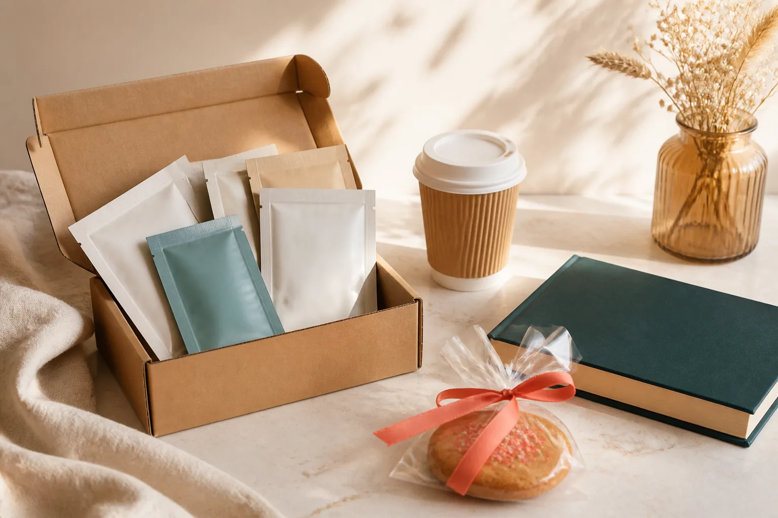 Unbranded samples, coffee, a book and a birthday treat