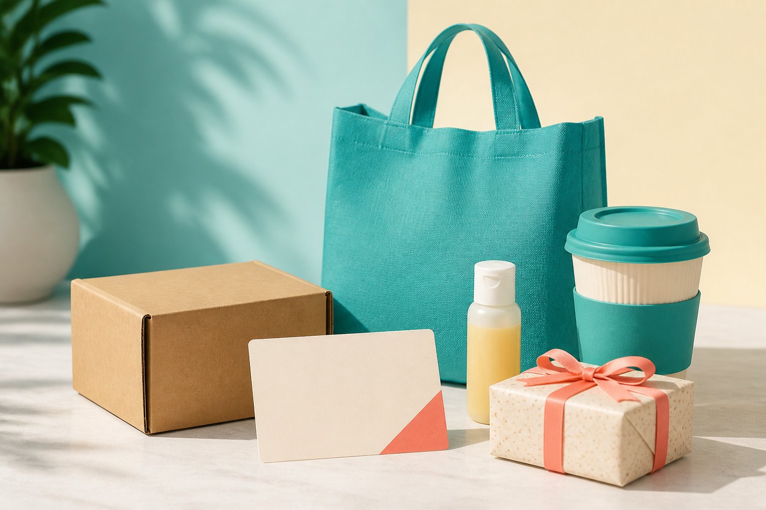 An unbranded sample parcel, voucher, shopping bag, skincare sample, coffee cup and gift