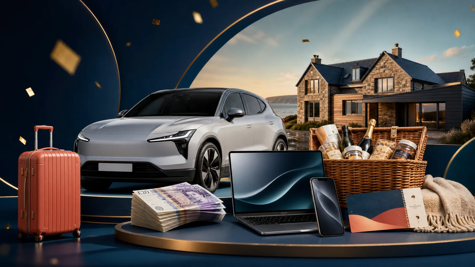 A collection of competition prizes including cash, a car, a holiday suitcase, technology, a hamper and a home