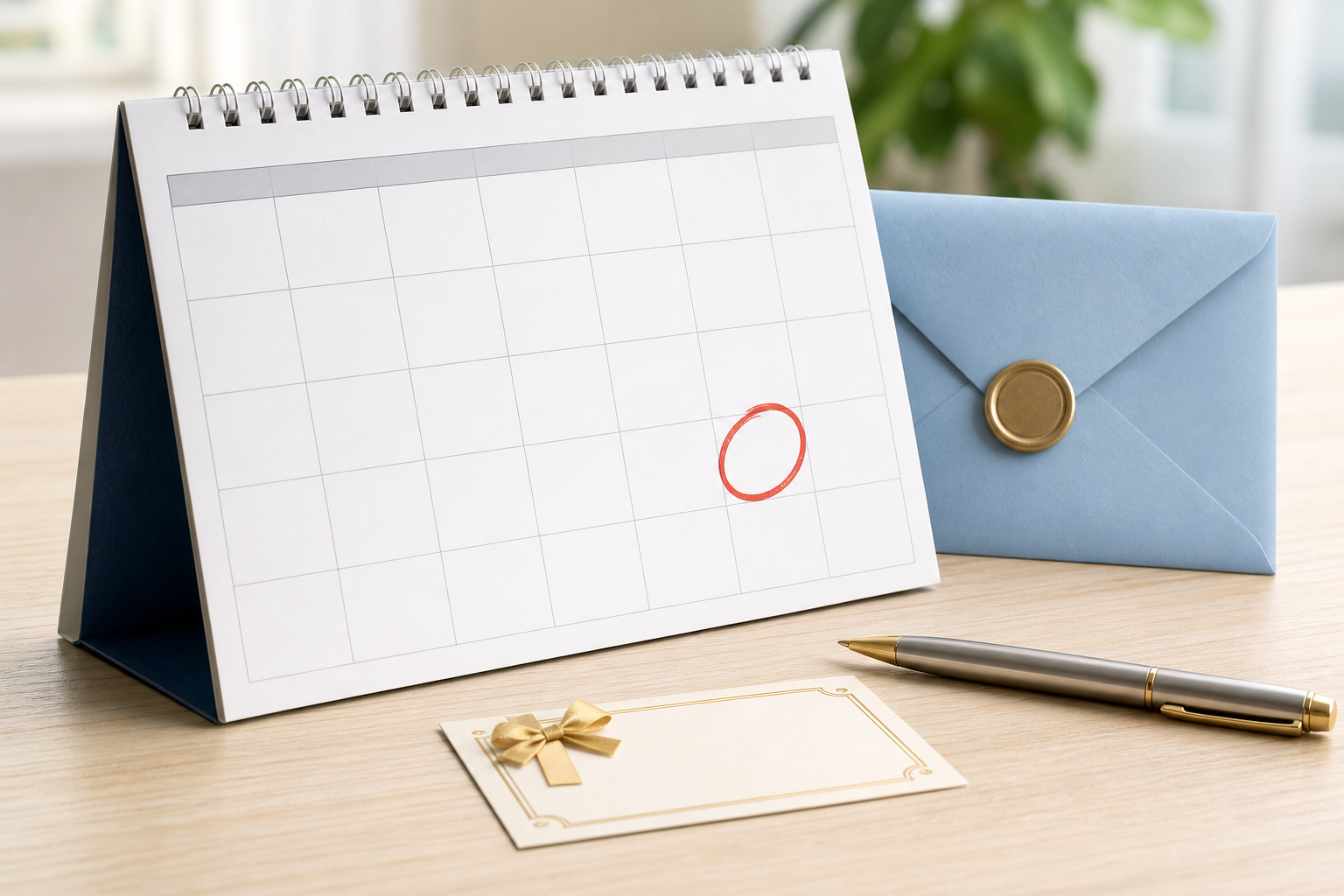 A calendar page with an envelope, pen and prize card