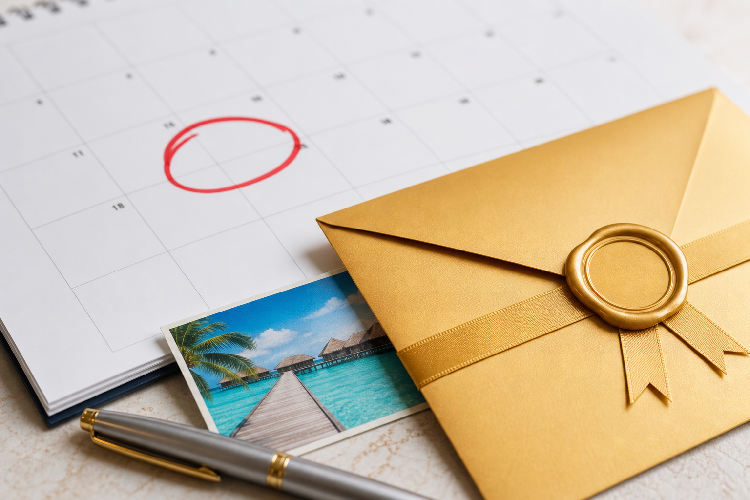 Calendar page beside a prize envelope and voucher card