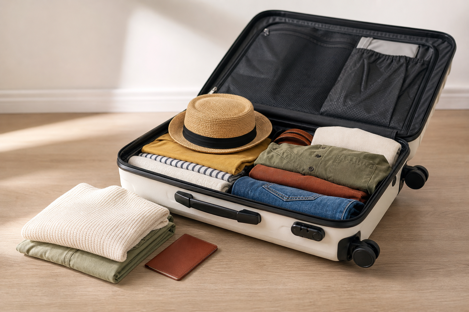 Packed suitcase with folded clothing and a travel cover