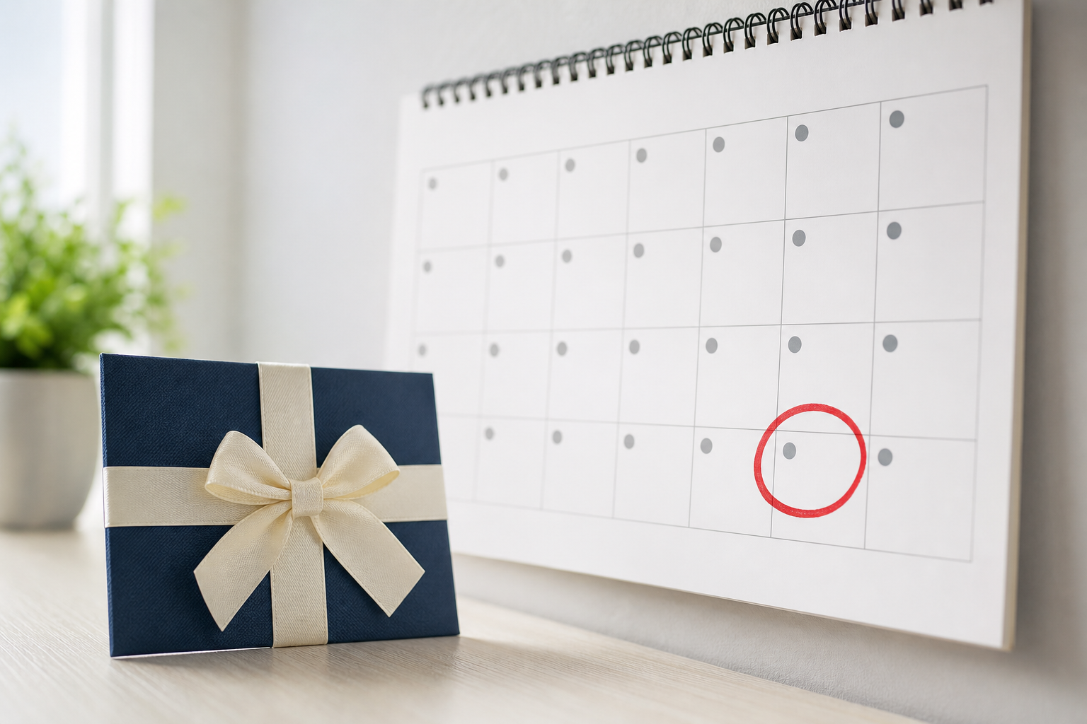 Calendar page beside a small prize envelope on a clean surface