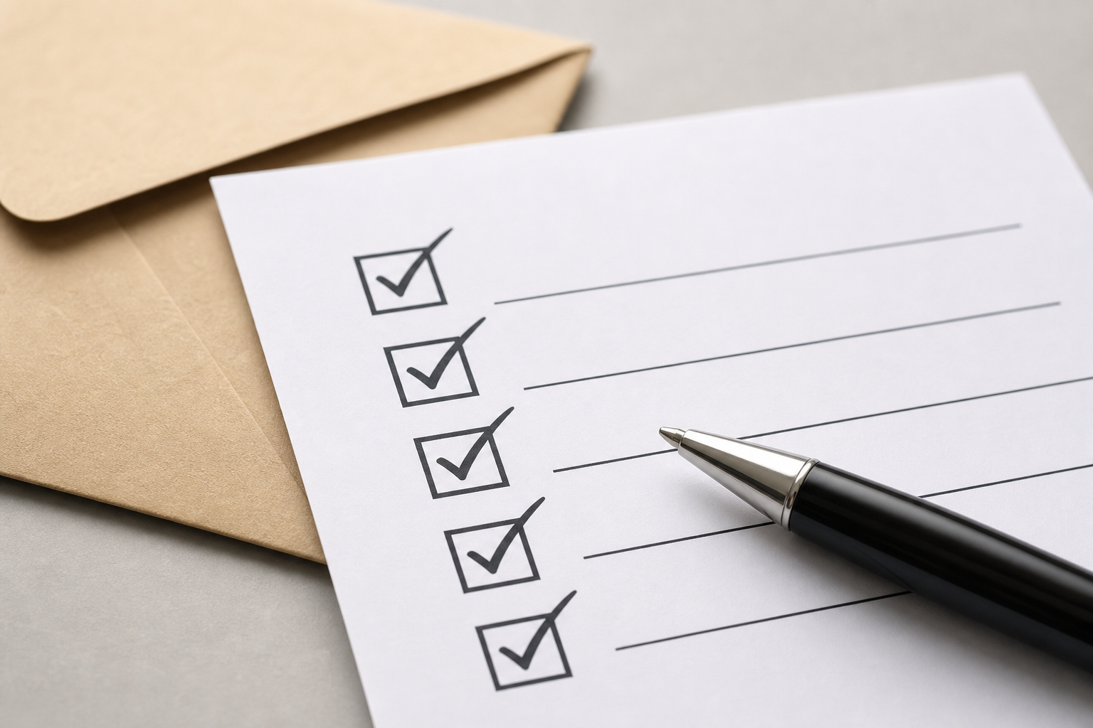 Checklist with a pen and envelope in a neat close-up